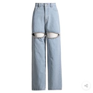 CRYSTAL EMBELLISHED CUTOUT HIGH WAIST STRAIGHT LEG DENIM JEANS